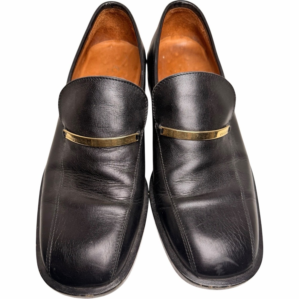 Gucci Vintage Black Leather Logo Bar Loafers Men’s 8D Authenticated - Picture 8 of 14